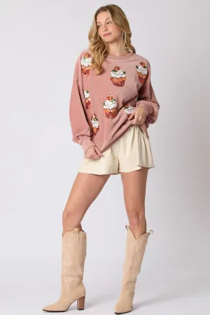 SONYA -  Cupcake Sequin Pullover Crew-Neck Sweatshirt