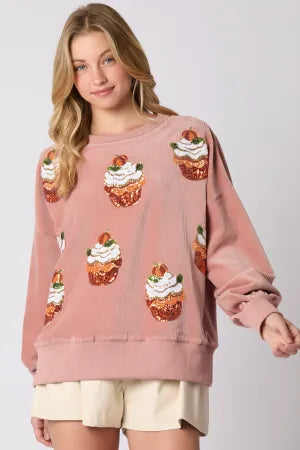 SONYA -  Cupcake Sequin Pullover Crew-Neck Sweatshirt