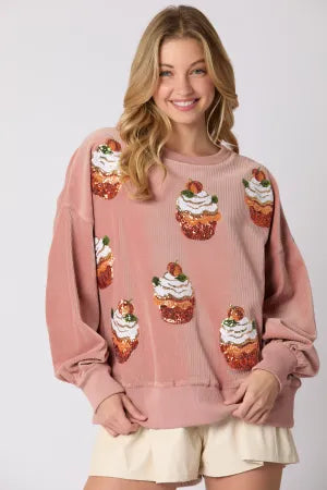 SONYA -  Cupcake Sequin Pullover Crew-Neck Sweatshirt