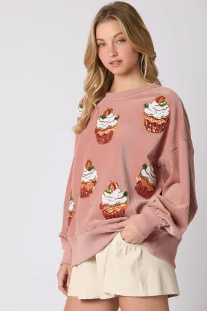 SONYA -  Cupcake Sequin Pullover Crew-Neck Sweatshirt