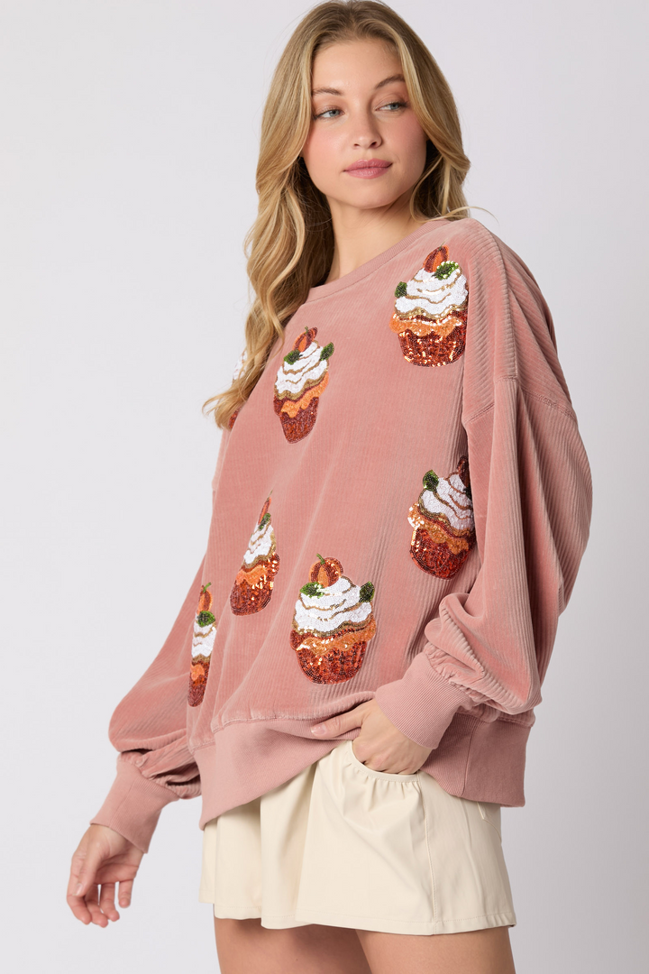 SONYA -  Cupcake Sequin Pullover Crew-Neck Sweatshirt