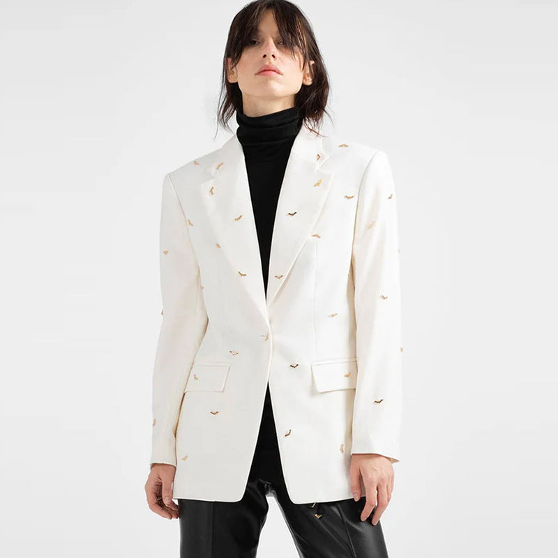 BATWOMAN - Women's White Blazer with Beaded Bat Embroidery