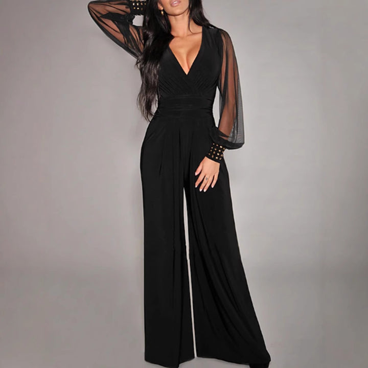 ISLA - Black Sheer Sleeve Wide-Leg Jumpsuit