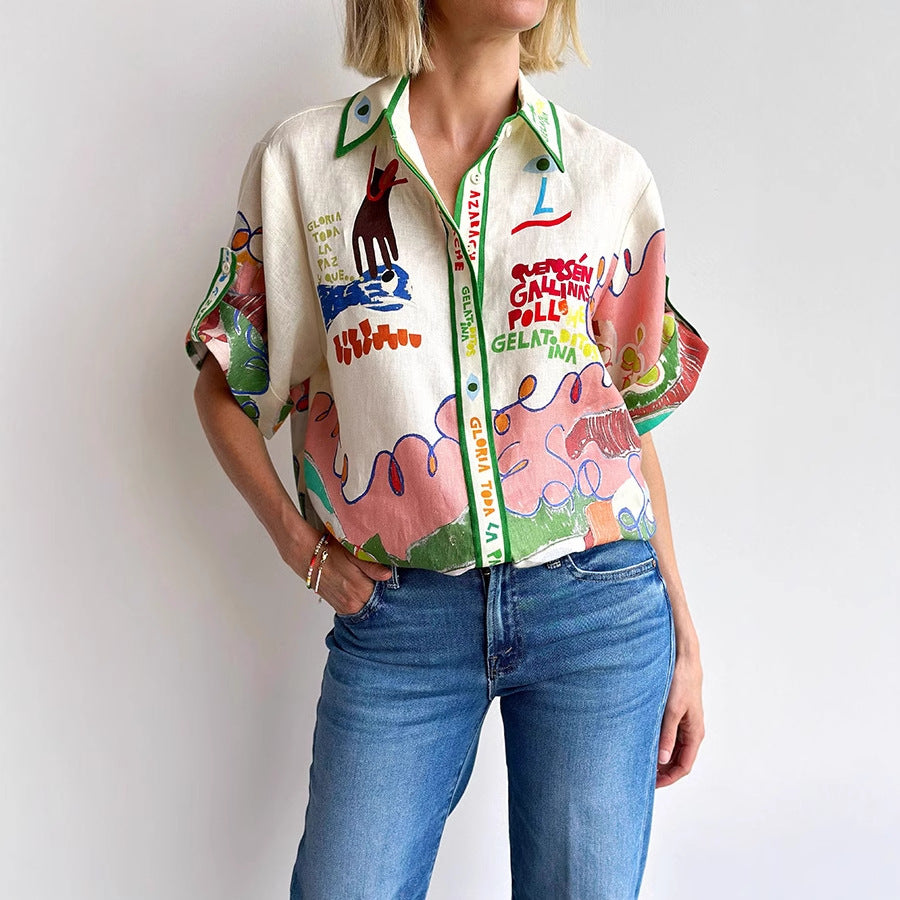 MAIA - Colorful Printed Short-Sleeve Button Shirt