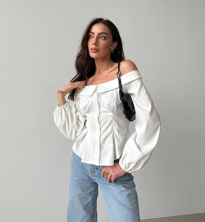 MARISOL - Off-Shoulder Long Sleeve Button Blouse