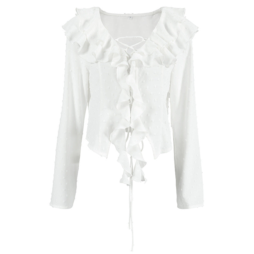 LILI - White Ruffle Lace-Up Long Sleeve Blouse