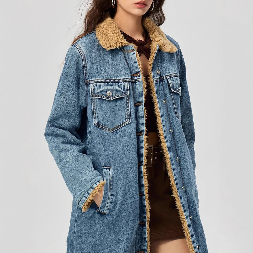 LEILANI - Women's Long Denim Coat with Vegan Fur