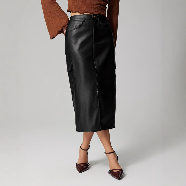 MEGAN - Vegan Leather Midi Skirt with Pockets