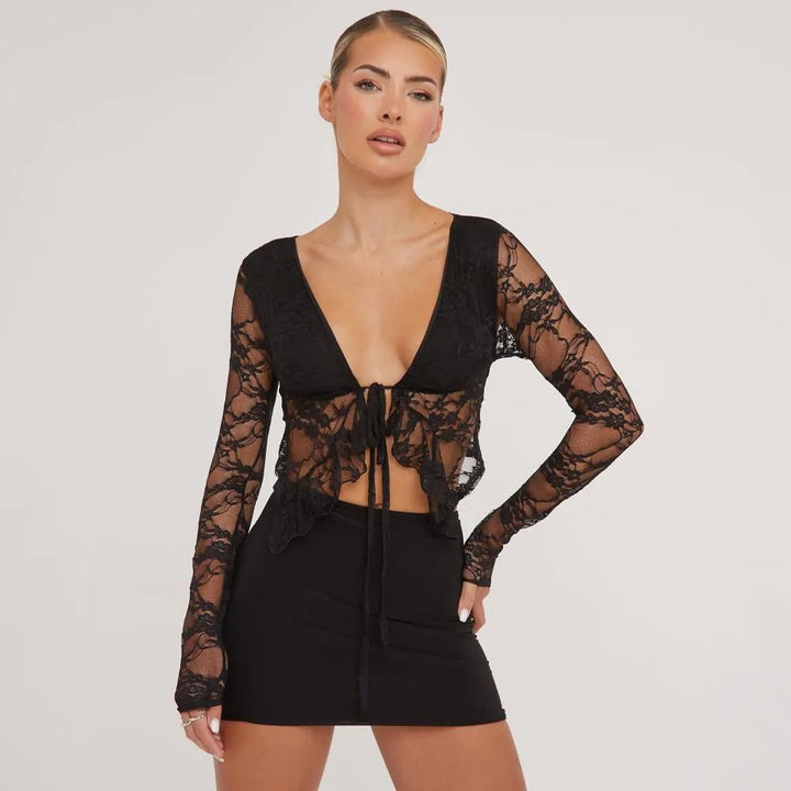 MAEVE - Black Lace Sheer Long Sleeve Crop Top