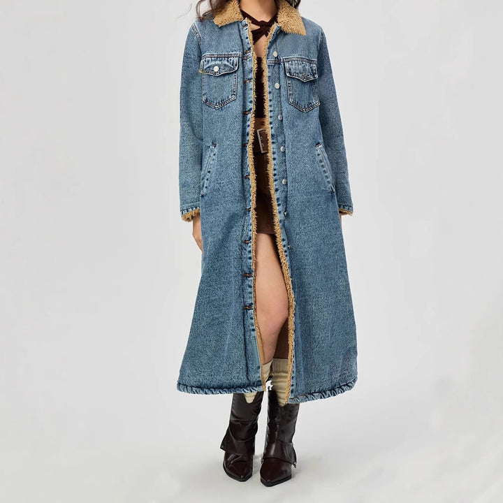 LEILANI - Women's Long Denim Coat with Vegan Fur