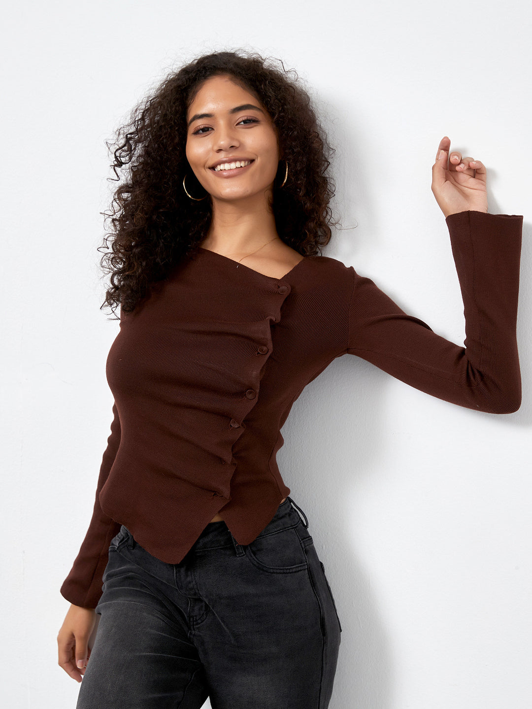 HAITI - Asymmetrical Button Long-Sleeve Knit Top