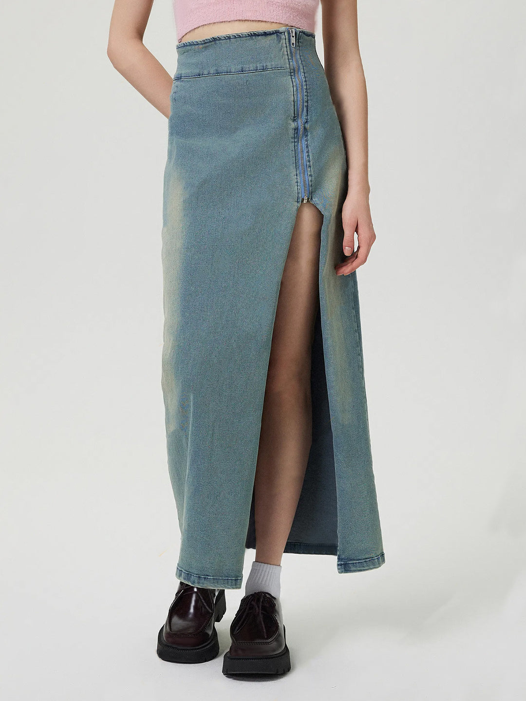 NATALIE - High-Waisted Denim Maxi Skirt Slit