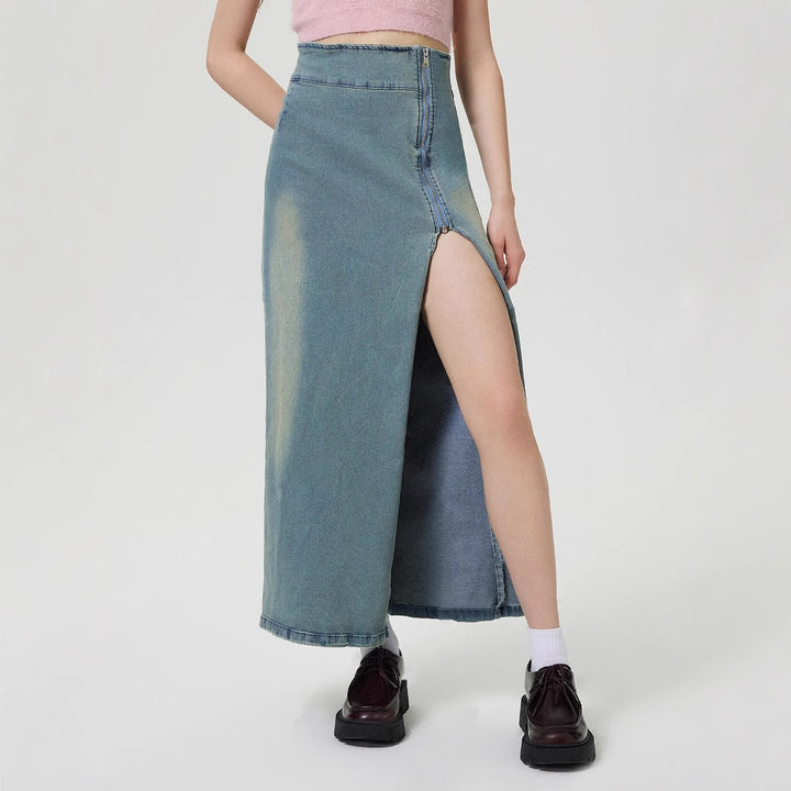 NATALIE - High-Waisted Denim Maxi Skirt Slit