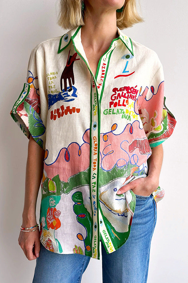 MAIA - Colorful Printed Short-Sleeve Button Shirt