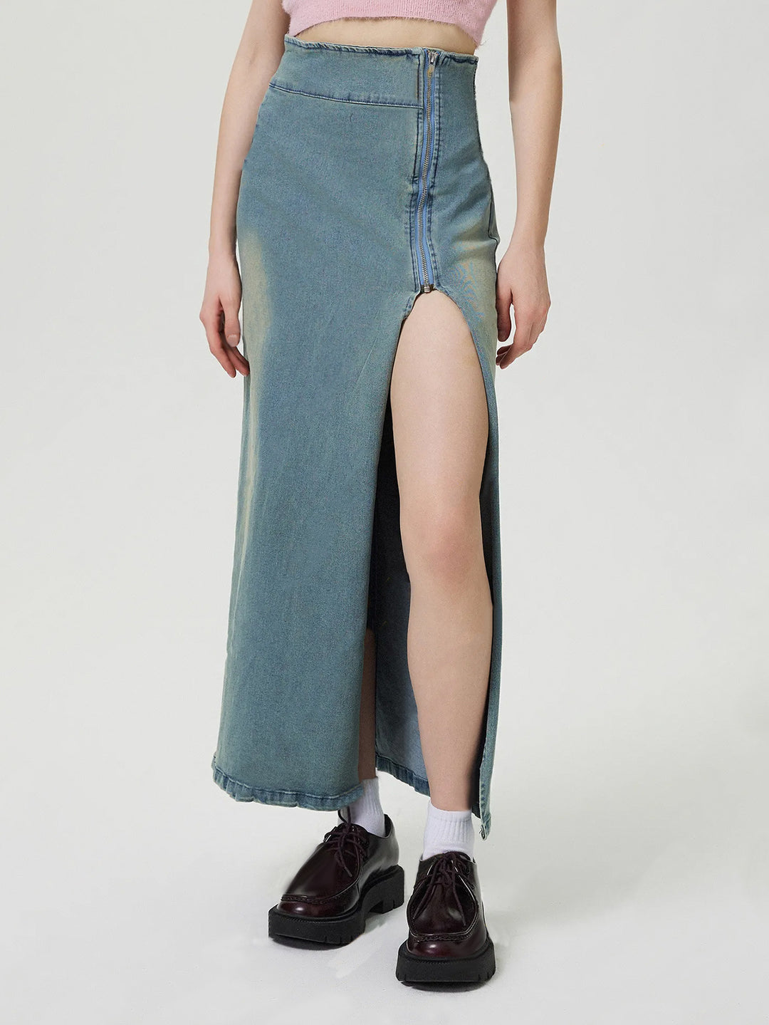 NATALIE - High-Waisted Denim Maxi Skirt Slit