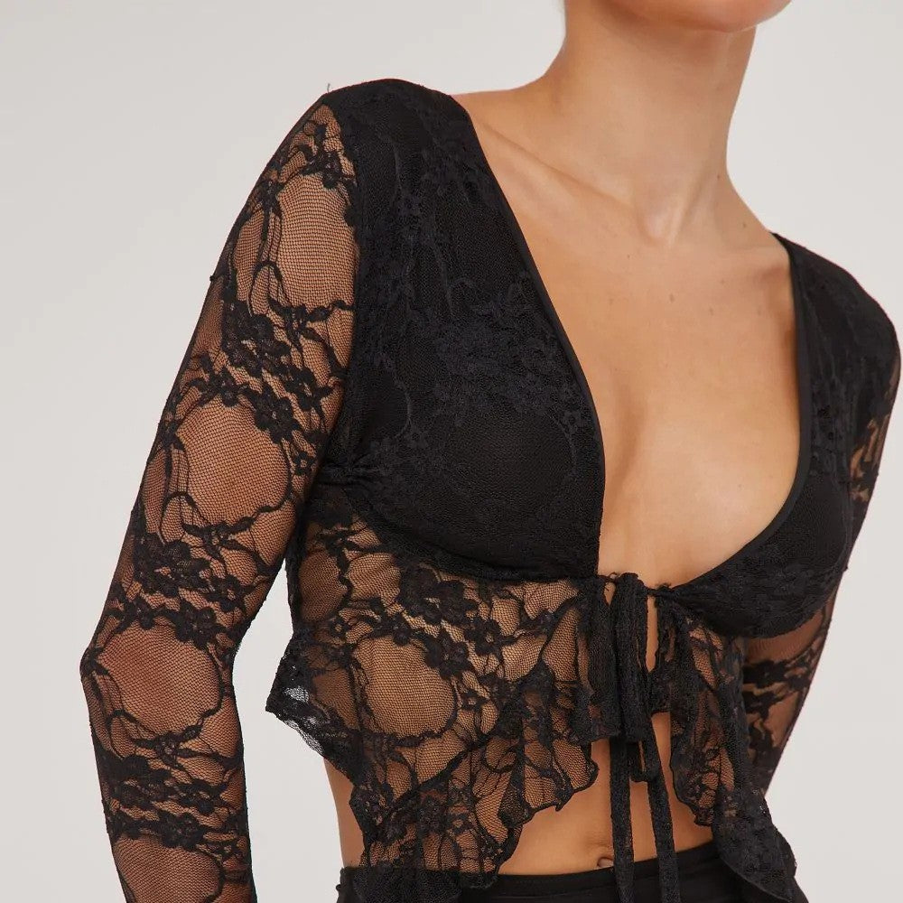 MAEVE - Black Lace Sheer Long Sleeve Crop Top