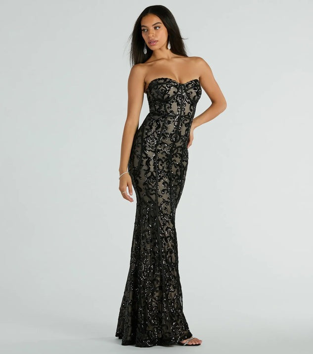 ARIEL - Black Strapless Sequin Evening Gown Dress