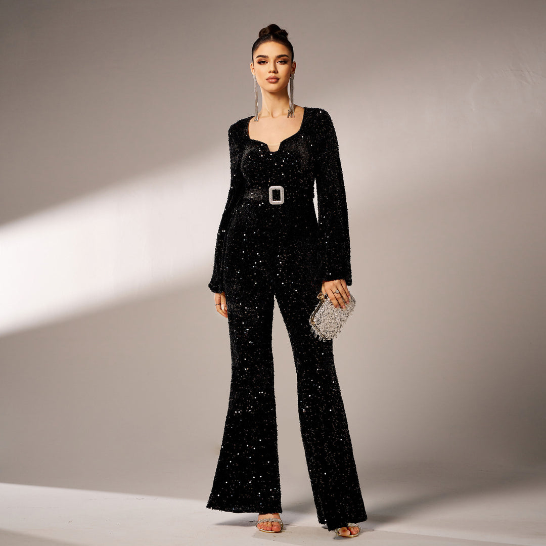 LUCIA - Black Sequin Flared Party Jumpsuit