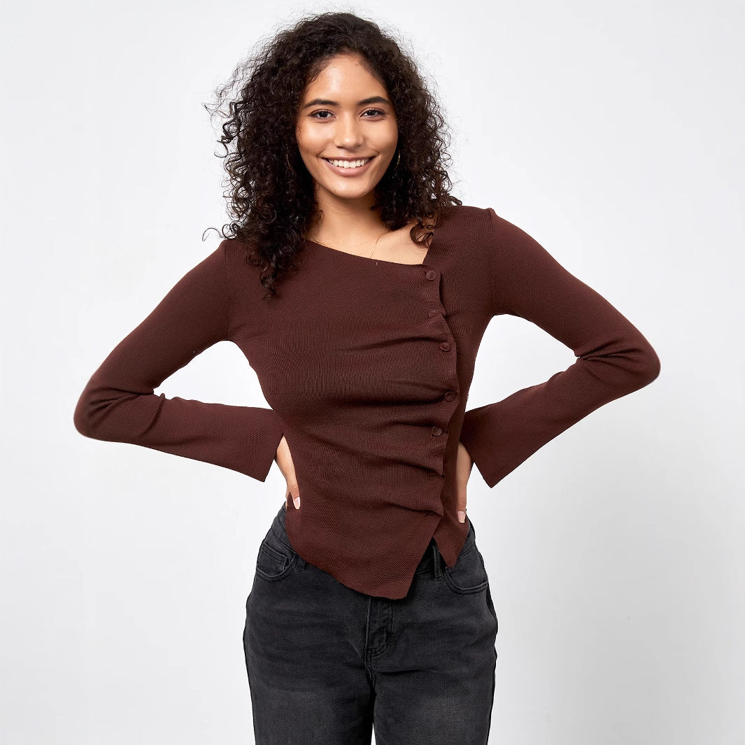 HAITI - Asymmetrical Button Long-Sleeve Knit Top