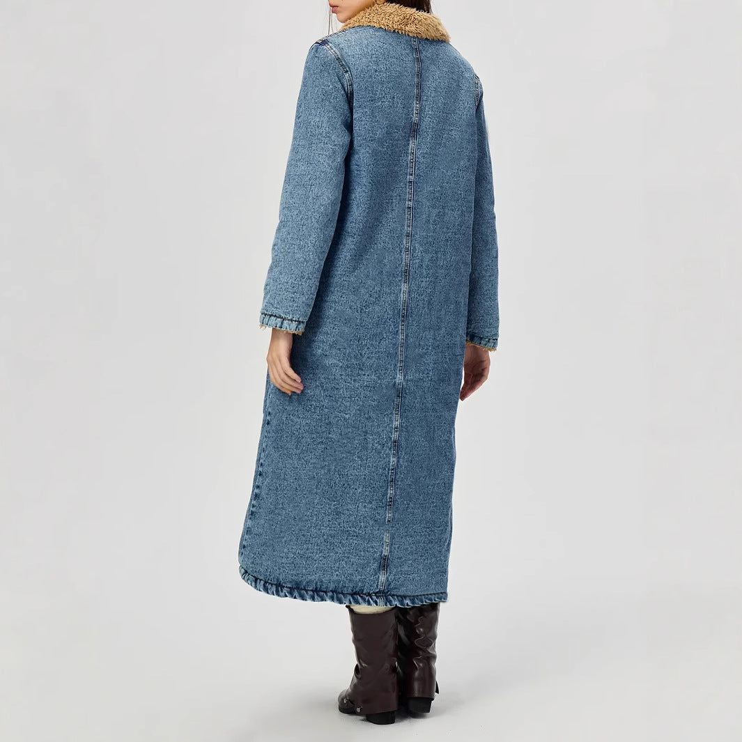 LEILANI - Women's Long Denim Coat with Vegan Fur