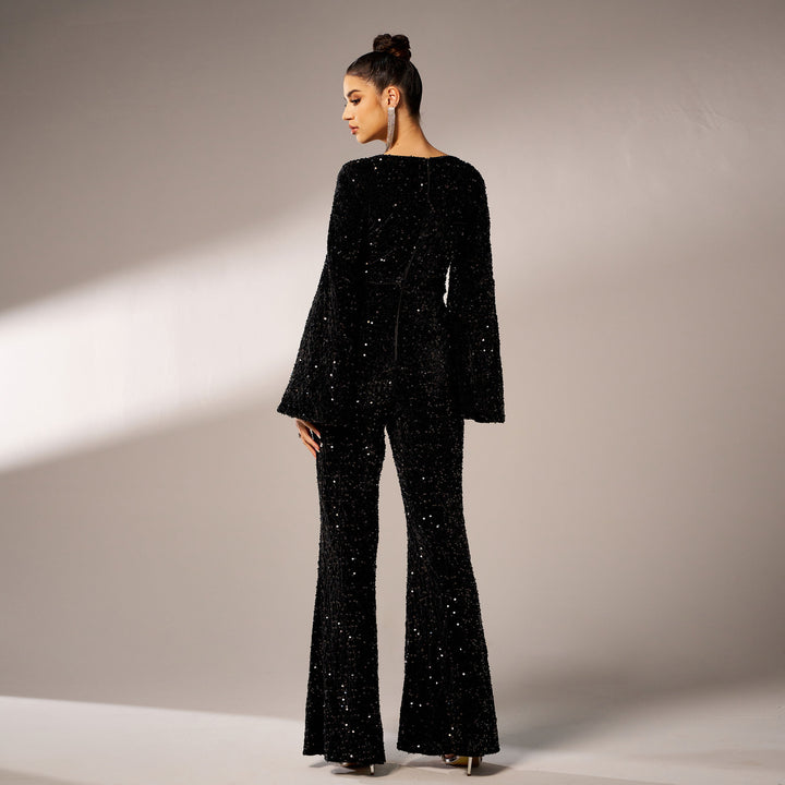 LUCIA - Black Sequin Flared Party Jumpsuit