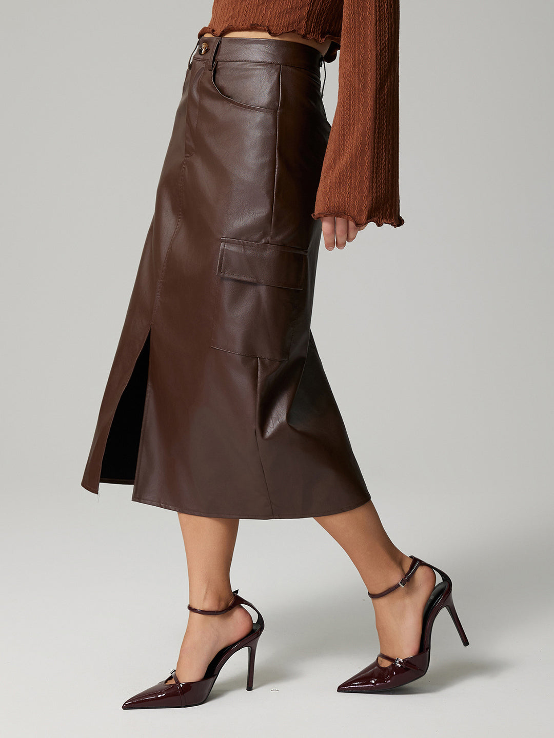 MEGAN - Vegan Leather Midi Skirt with Pockets