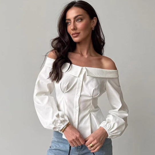 MARISOL - Off-Shoulder Long Sleeve Button Blouse