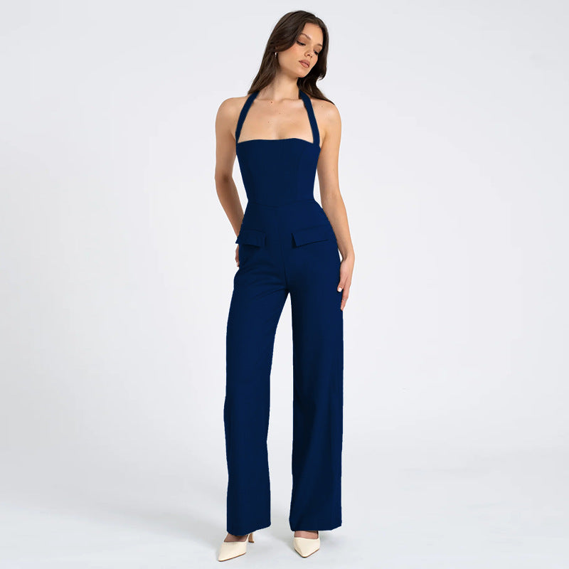 KAIA - Elegant Halter Flared Cargo Jumpsuit Women