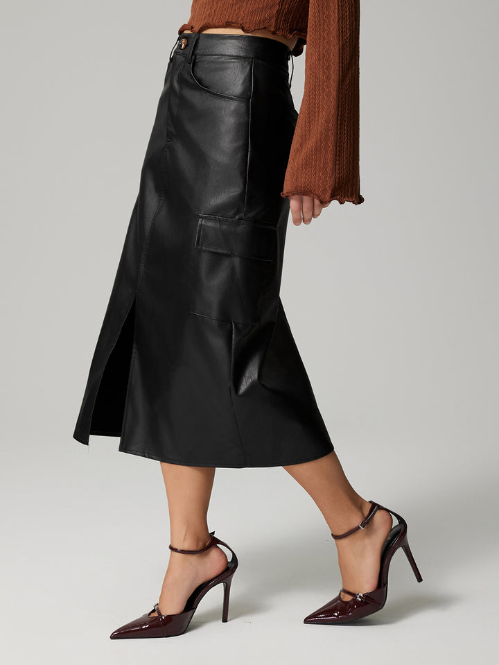 MEGAN - Vegan Leather Midi Skirt with Pockets