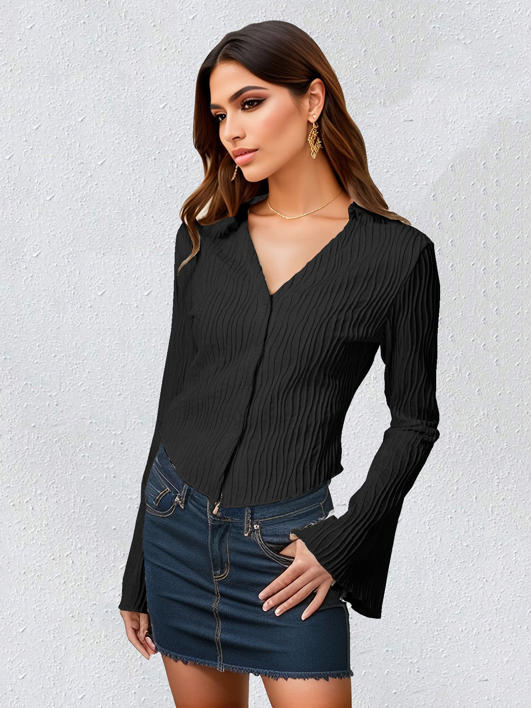 MAIA - Elegant Ribbed Long Sleeve Button Blouse