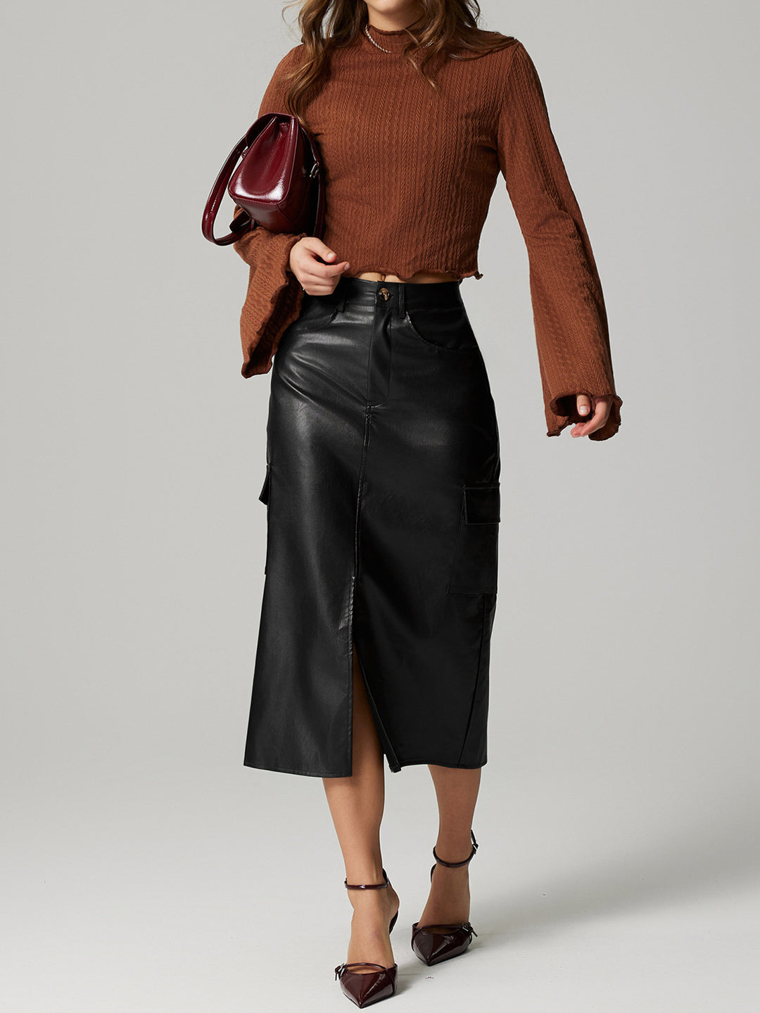 MEGAN - Vegan Leather Midi Skirt with Pockets