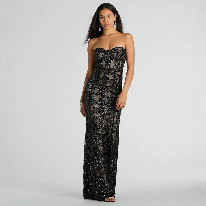 ARIEL - Black Strapless Sequin Evening Gown Dress