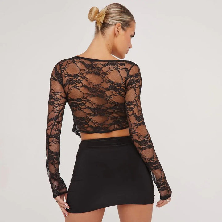 MAEVE - Black Lace Sheer Long Sleeve Crop Top