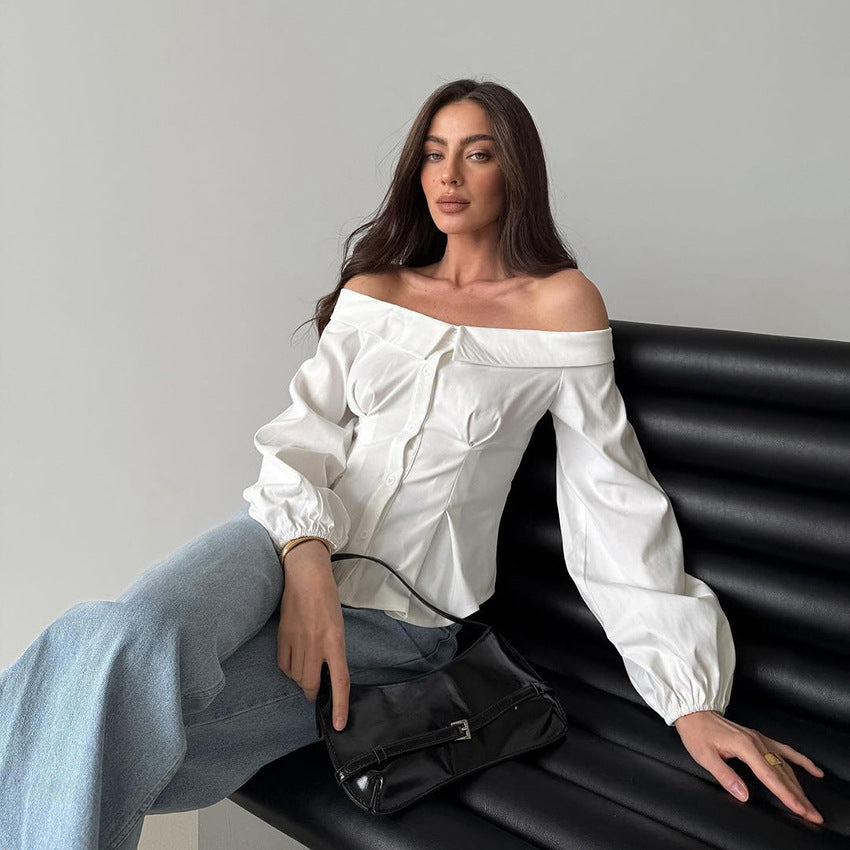 MARISOL - Off-Shoulder Long Sleeve Button Blouse