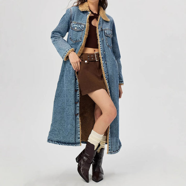 LEILANI - Women's Long Denim Coat with Vegan Fur