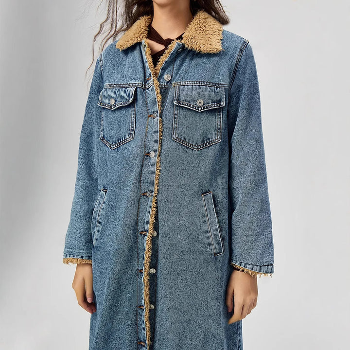 LEILANI - Women's Long Denim Coat with Vegan Fur