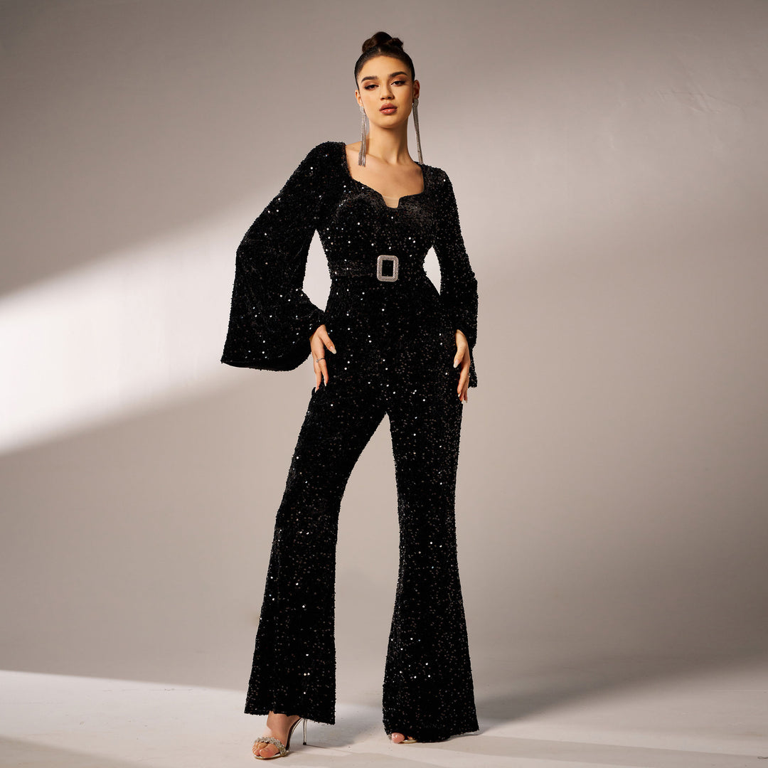 LUCIA - Black Sequin Flared Party Jumpsuit