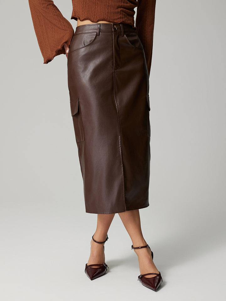 MEGAN - Vegan Leather Midi Skirt with Pockets