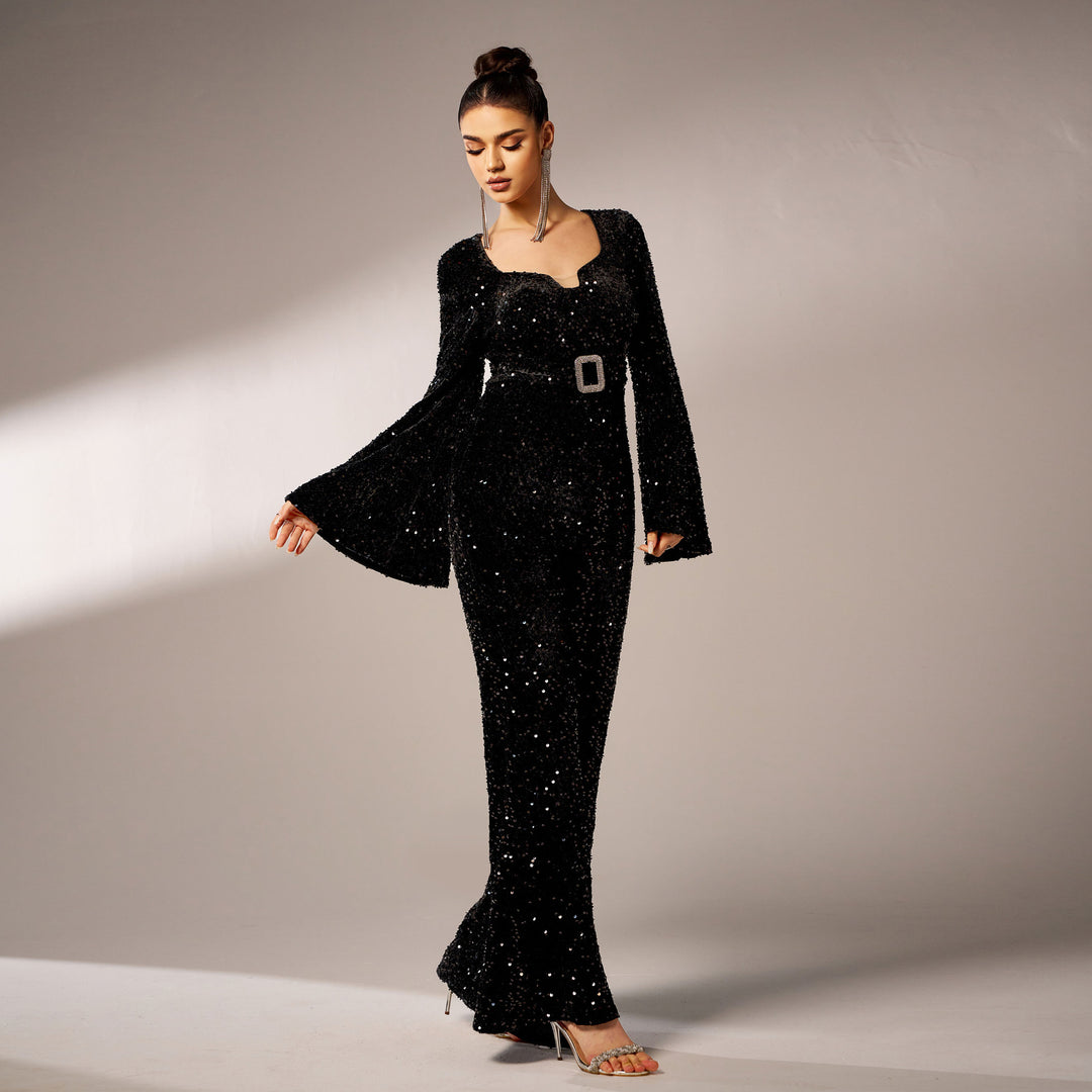 LUCIA - Black Sequin Flared Party Jumpsuit