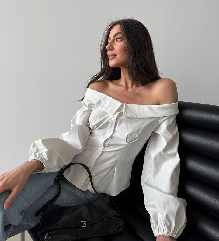 MARISOL - Off-Shoulder Long Sleeve Button Blouse